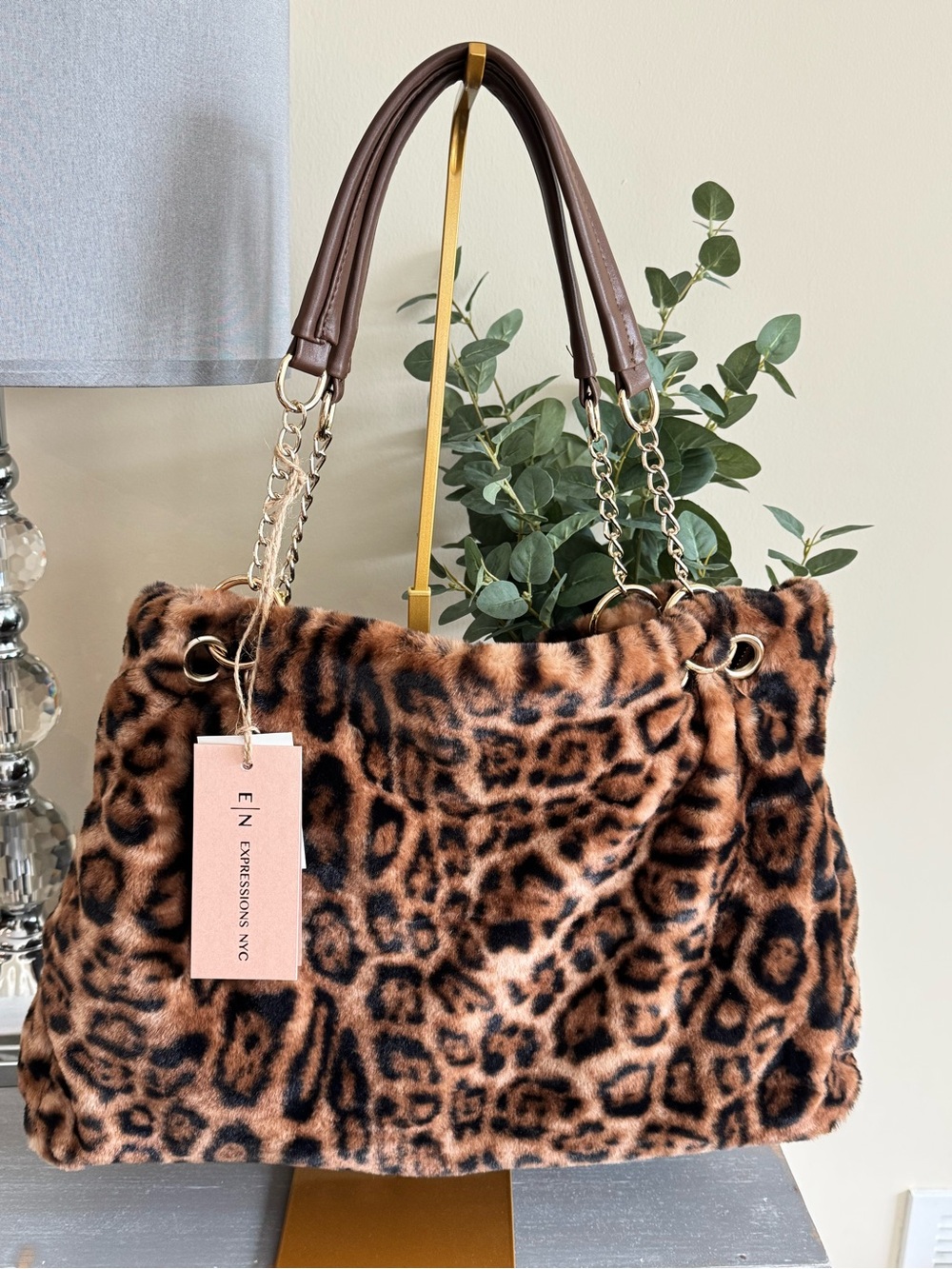Expressions NYC Slouchy Faux Fur Leopard Print Tote Bag